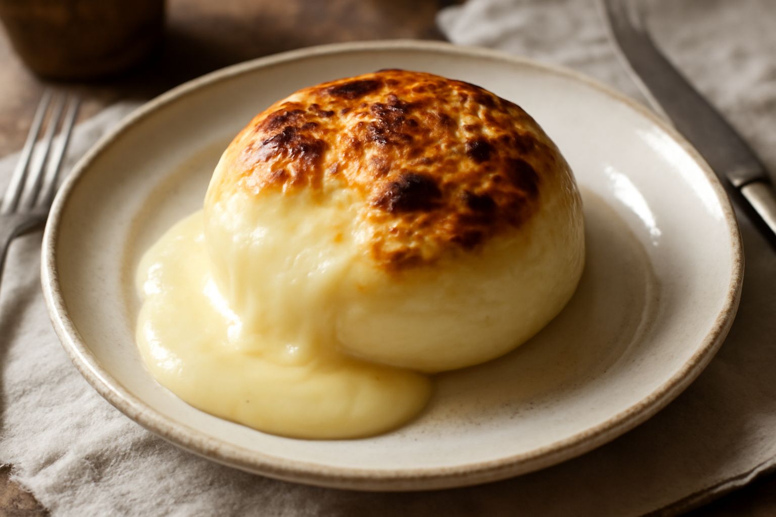 Caciocavallo al forno tagliato a metà in un piatto bianco, con il formaggio filante che cola dalla superficie bruciata color dorato e marrone, circondato da una leggera traccia di olio