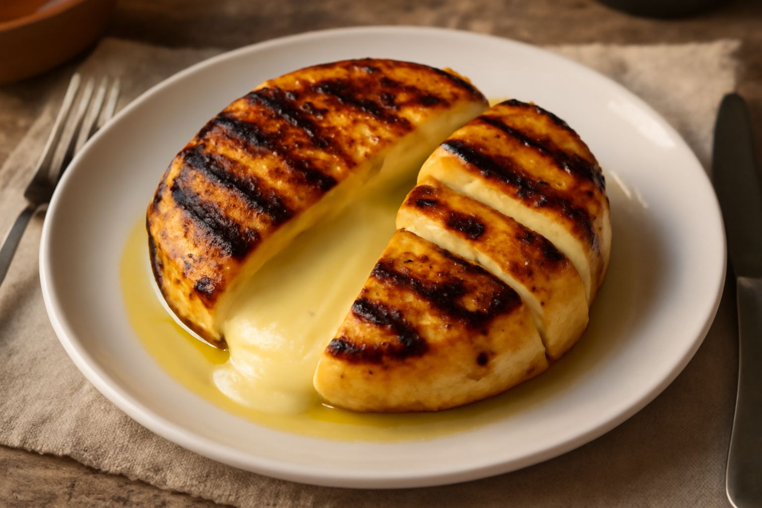 Caciocavallo dorato e croccante sulla griglia rovente, formaggio filante che fuoriesce dalla crosta carbonizzata, piatto bianco con limone fresco e pepe nero