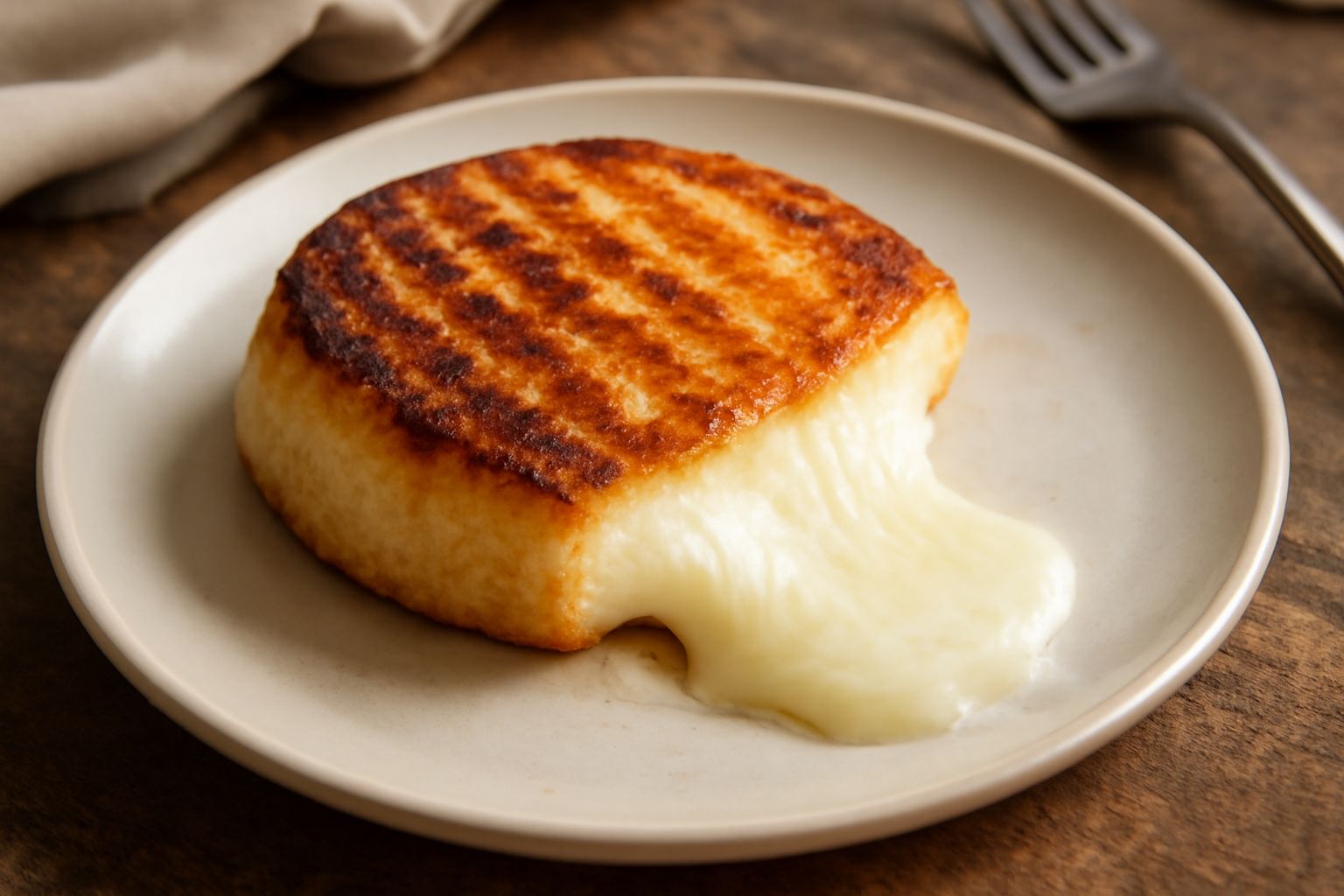 Fette di caciocavallo grigliate disposte su un piatto bianco, dorate e croccanti alla superficie, con tracce scure di griglia, accompagnate da limone fresco e peperoncino rosso.