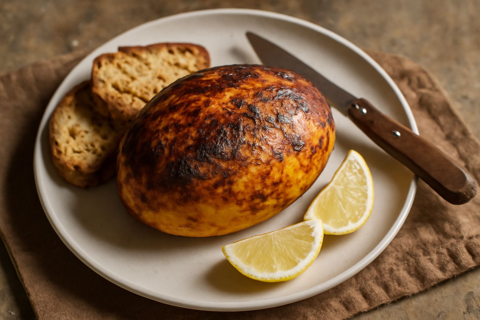 Caciocavallo affumicato alle braci, crosta dorata e scura, servito intero su un piatto bianco con fette di pane tostato e limone al lato