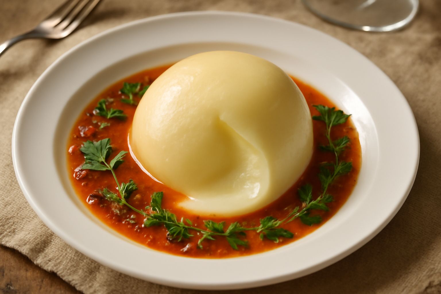 Caciocavallo intero bollito bianco e cremoso nel piatto, con brodo caldo attorno, contornato da salsa di pomodoro leggera e prezzemolo fresco tritato