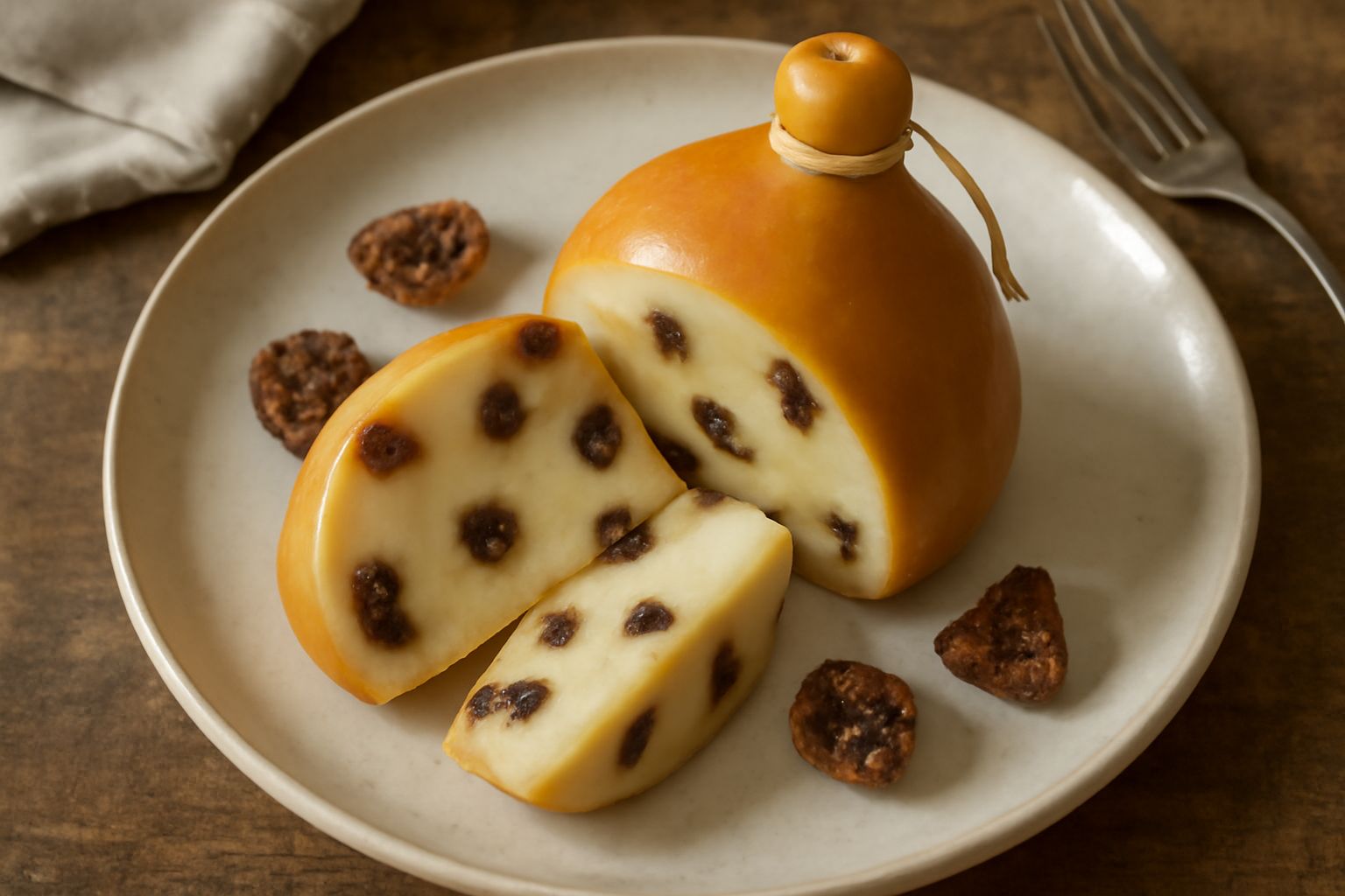 Un caciocavallo ca' fichi affettato su piatto bianco, con fette che mostrano i pezzi di fico scuro nel formaggio crema, accompagnato da fette di pane tostato