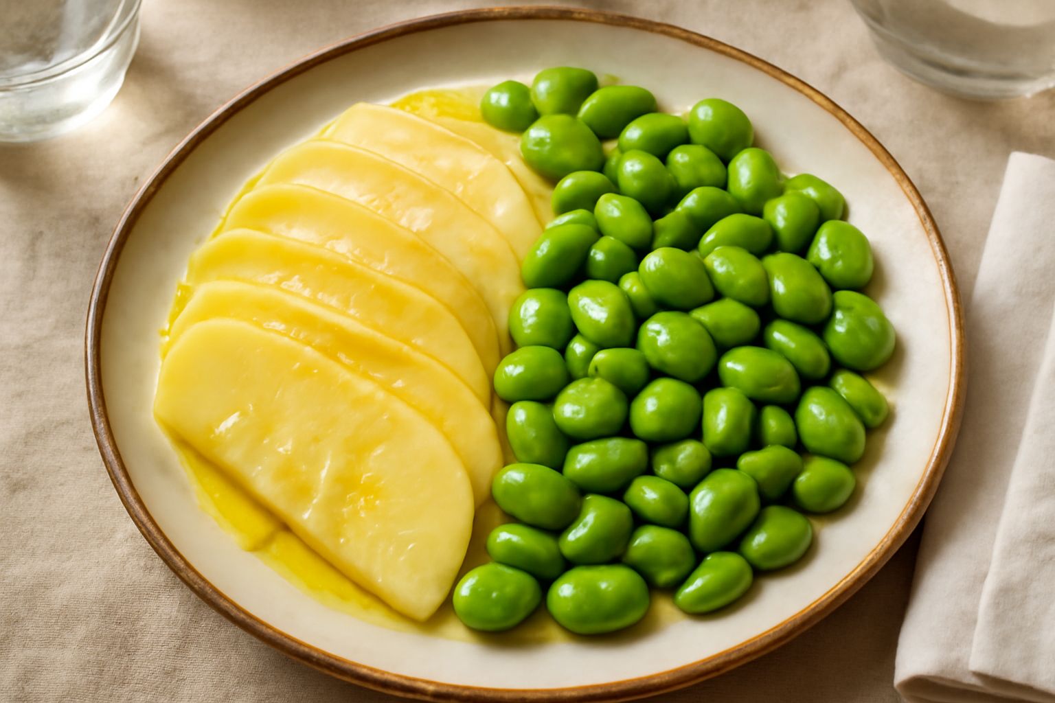 Un piatto bianco con fettine di caciocavallo leggermente dorate accanto a fave verdi o gialle cotte, sparse con olio d'oliva, sale e pepe nero macinato al momento