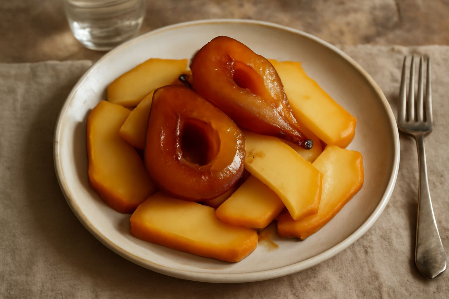 Caciocavallo affumicato a fette dorate e pere tagliate a metà con nocciolo svuotato, cotte nel forno, aromatizzate di miele e rosmarino in un piatto bianco