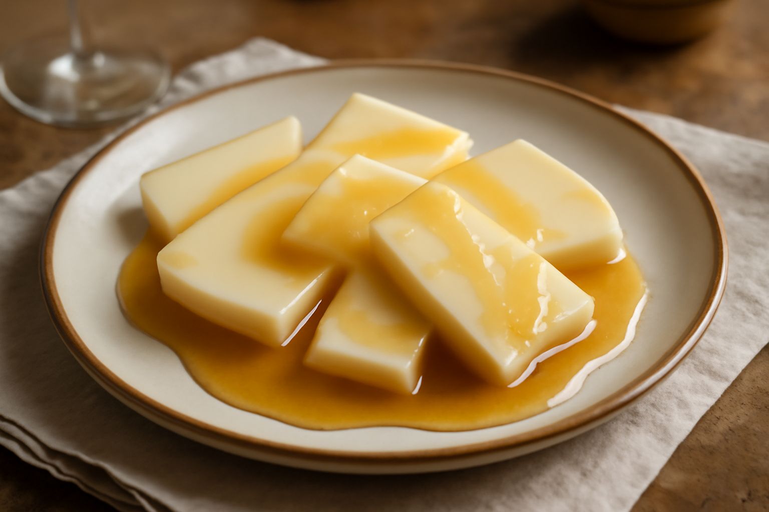 Caciocavallo affettato leggermente dorato disposto nel piatto bianco, cosparso di miele ambrato che gocciola ai lati, guarnito con pepe nero e foglie di menta fresca