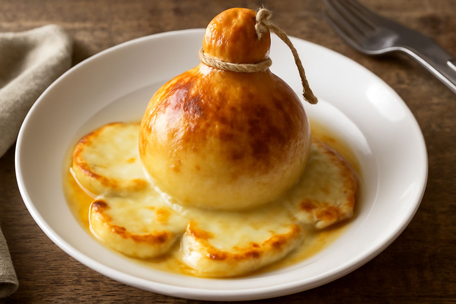 Caciocavallo della Basilicata affumicato, di forma ovoidale con legatura di corda, tagliato a fette su tagliere di legno, color ambrato con affumicatura marrone scuro visibile sulla superficie, contor