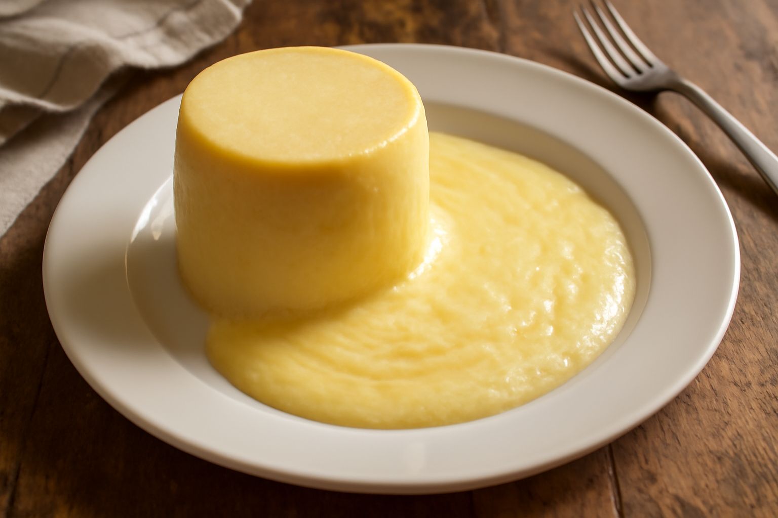 Caciocavallo della Daunia affettato e disposto su un piatto bianco, superficie color paglierino con riflessi lucidi, fianco cremoso tagliato a mostra della pasta filata compatta