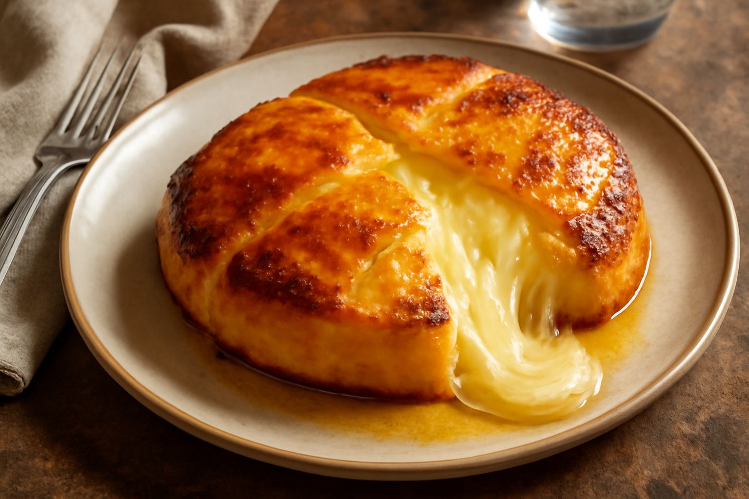 Caciocavallo della valle d'Itria tagliato a fette spesse, dorato e filante al forno con erbe aromatiche verdi, pane tostato ai lati nel piatto bianco