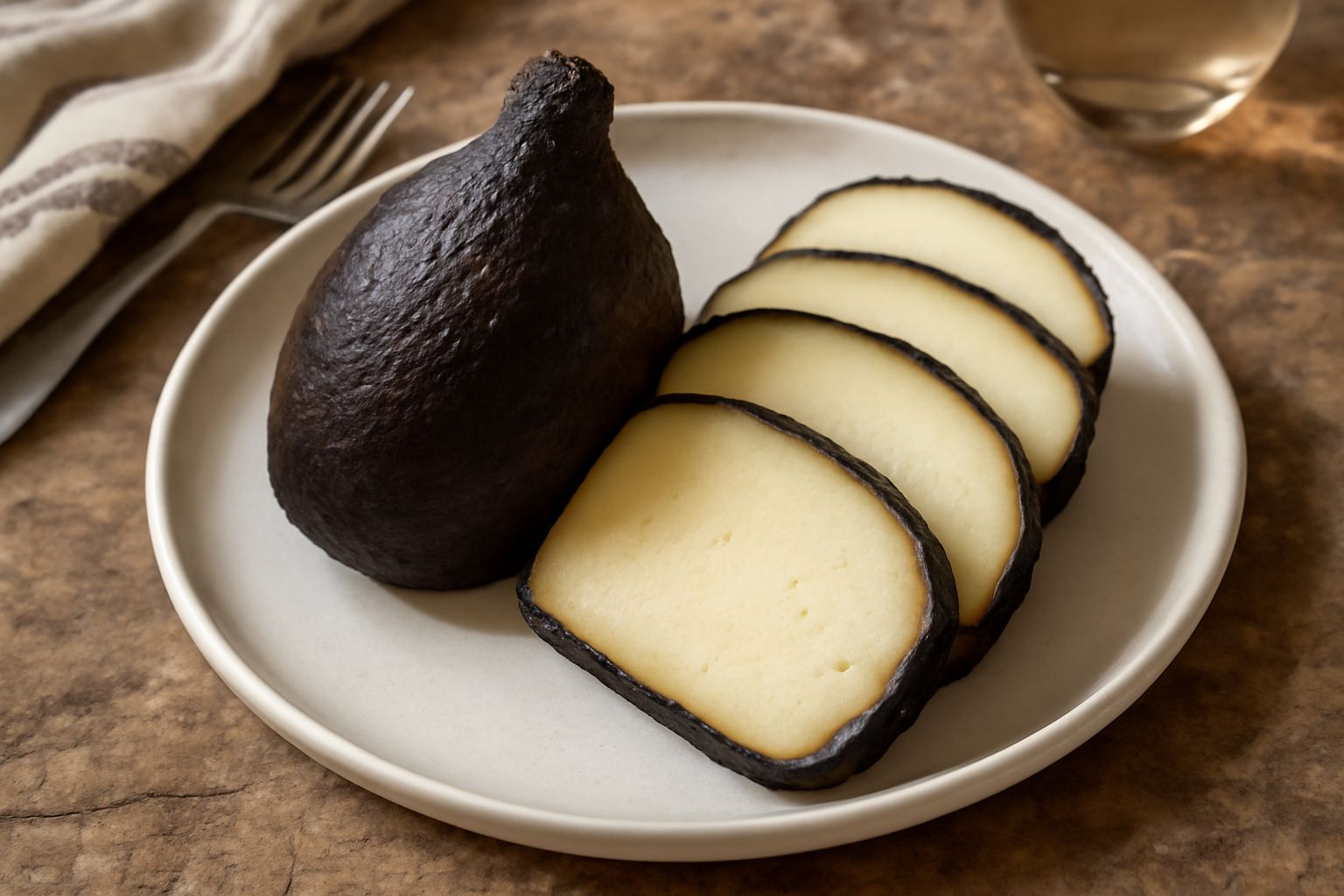 Caciocavallo di fossa affumicato dal colore marrone scuro, tagliato a fette spesse su un piatto bianco, con crosta annerita e interno giallo pallido