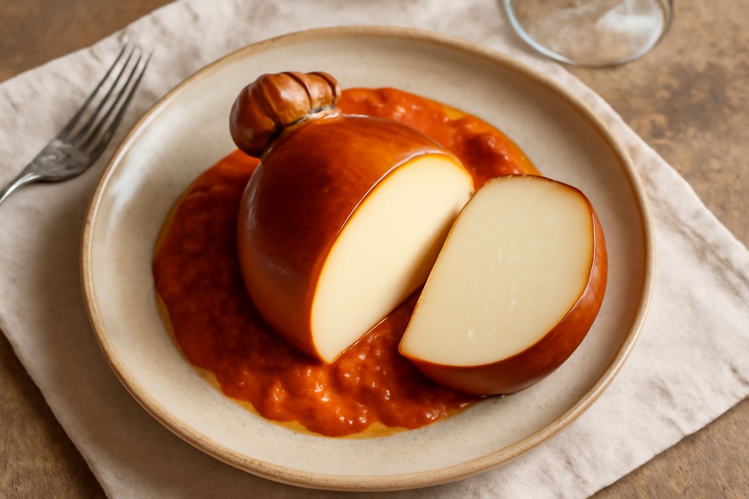 Caciocavallo di fumo affumicato di colore dorato intenso, a forma di pera o cilindro, con crosta liscia e lucida, tagliato a metà per mostrare la pasta filante interna color bianco avorio, servito su 