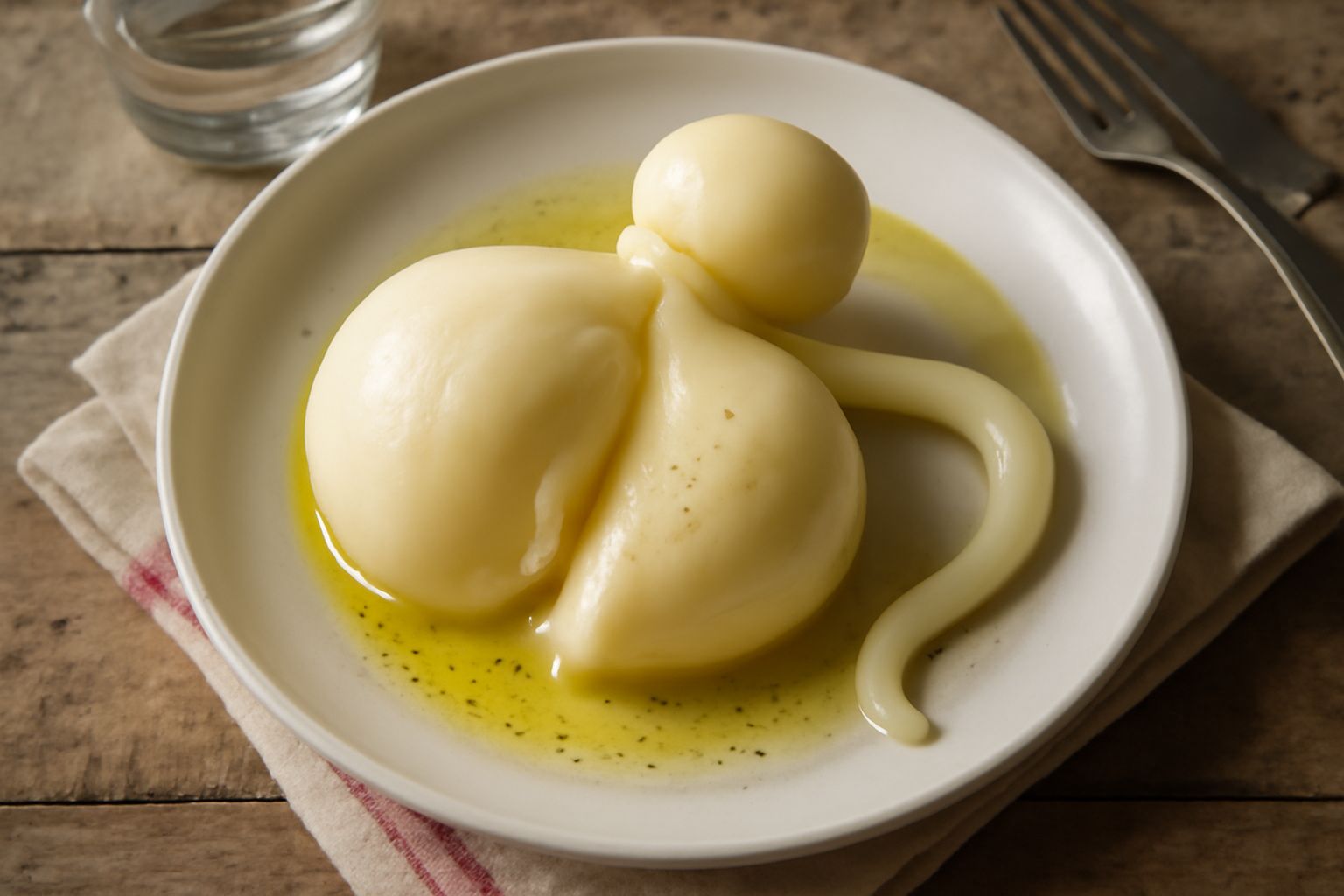 Caciocavallo di Gravina affettato su un piatto bianco, dal colore paglierino chiaro e dalla forma leggermente curva, con spicchi interi ancora legati, accanto a pane tostato e un bicchiere di vino ros