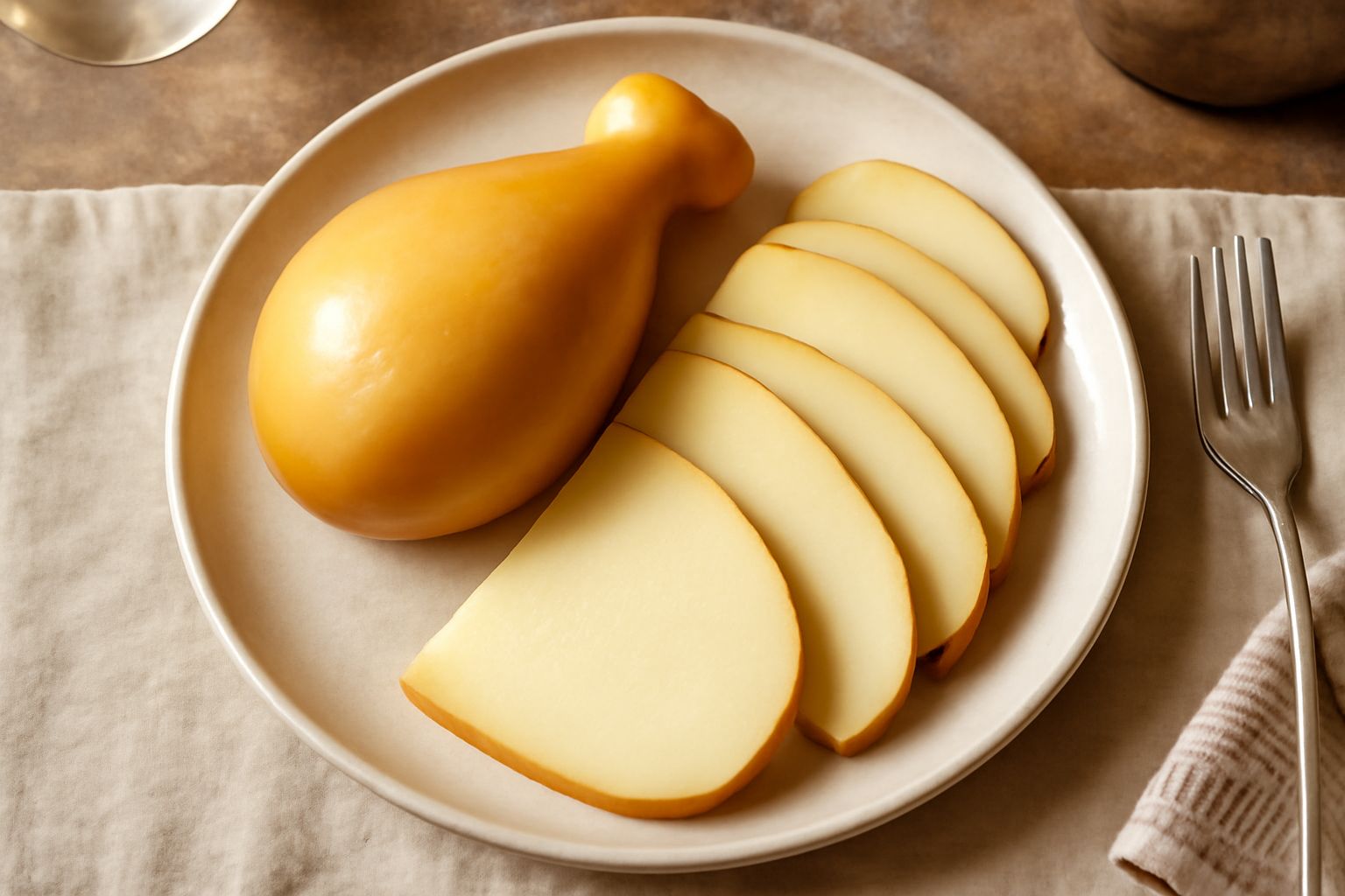 Caciocavallo di Montalbano intero e affettato, di colore paglierino, disposto su tavolo di legno con erbe aromatiche e pane tostato accanto