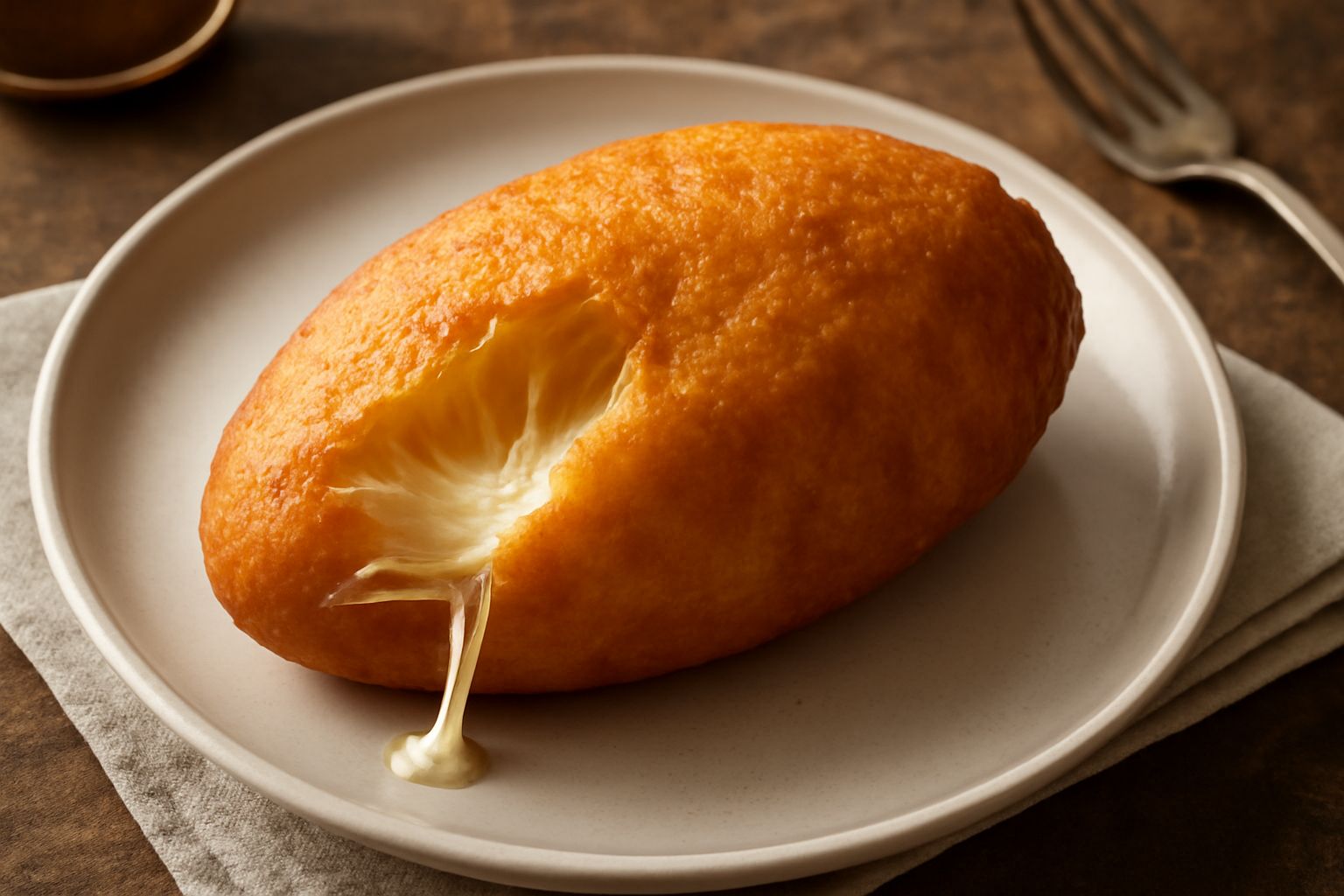 Caciocavalli appena fritti, dorati e croccanti, serviti su un piatto bianco con una lieve spruzzata di zucchero, spacco visibile che mostra il formaggio filante all'interno, vapore leggerissimo ancora