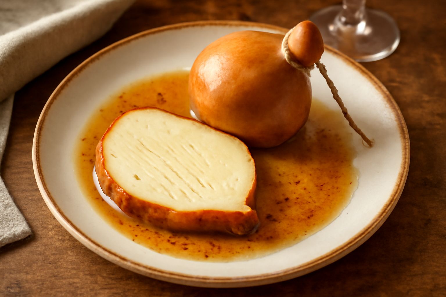 Caciocavallo di Podolica a forma di pera appeso con spago, crosta nocciola, sezione interna crema con pasta filata visibile, tagliato a fette su piatto bianco con olio di oliva