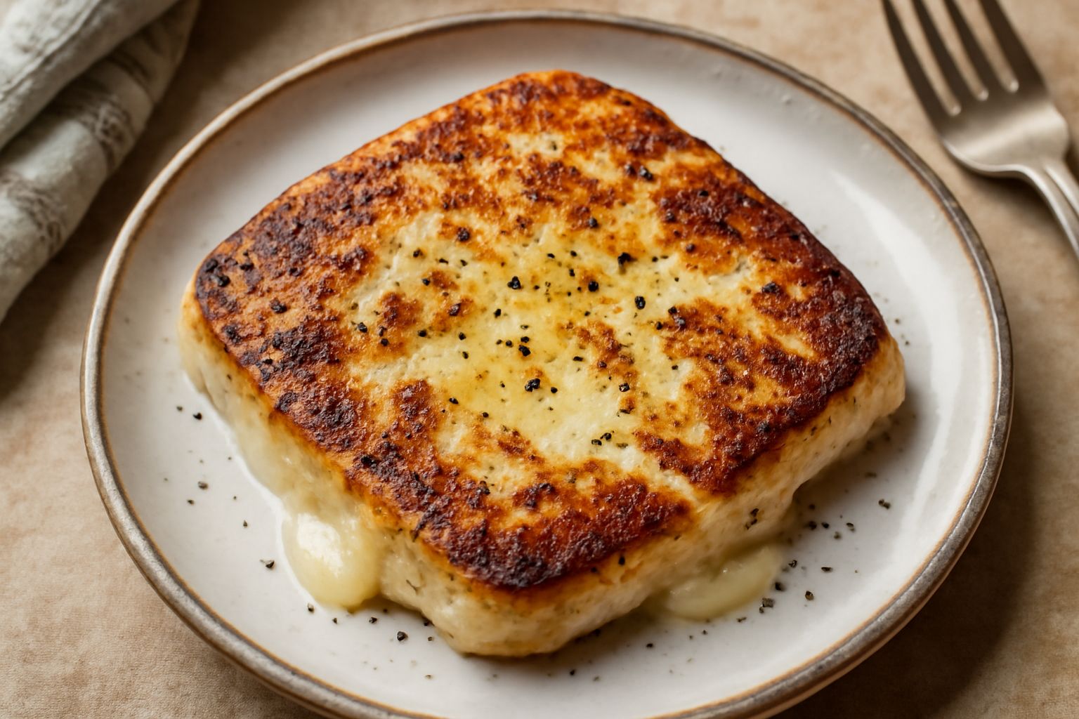 Caciocavallo dorato e filante in padella di ferro, cosparso di pepe nero fresco macinato, con formaggio che si scioglie, contorno di pane tostato su piatto bianco