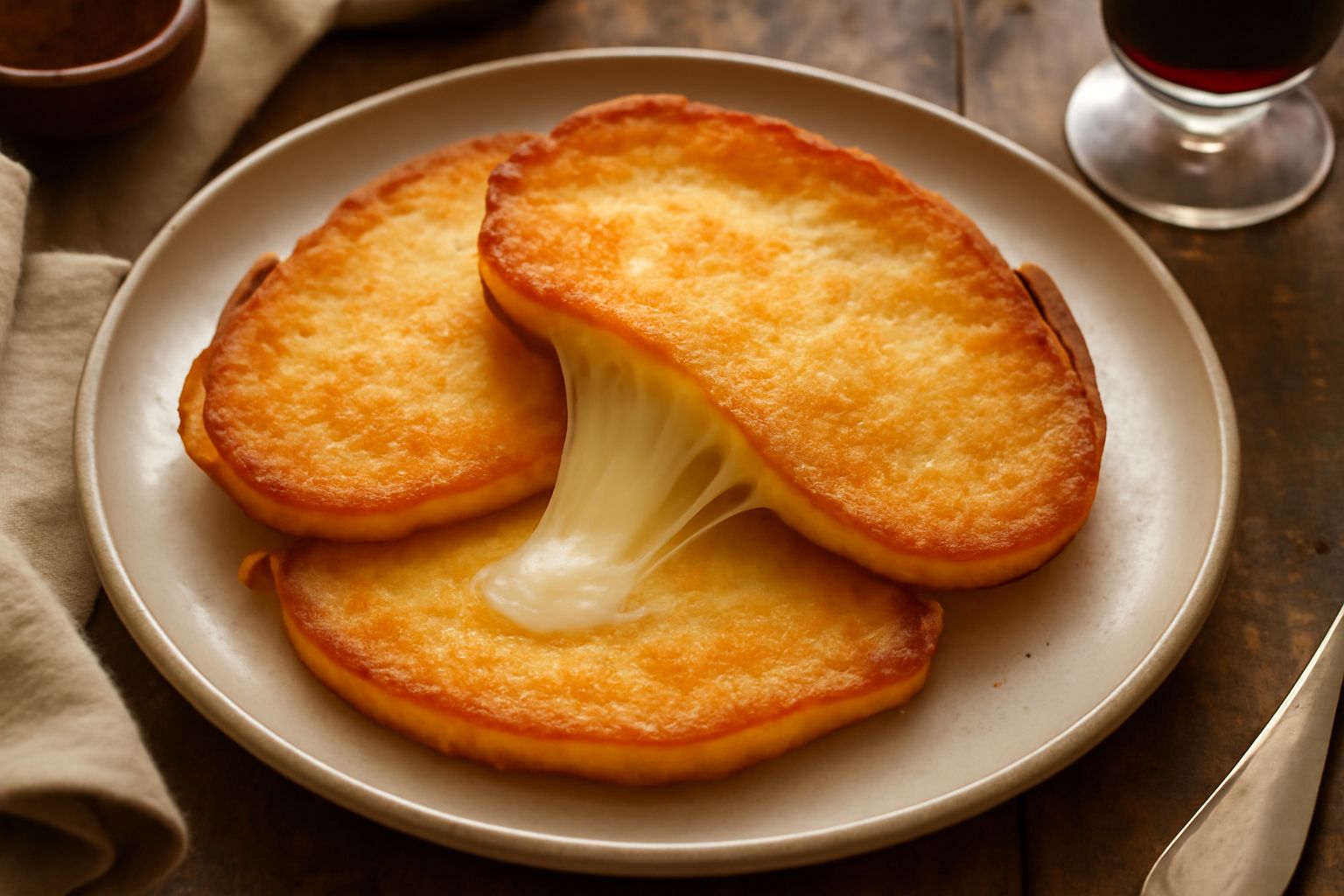 Caciocavallo filante tagliato a fette, dorate e leggermente croccanti in superficie, servito in un piatto bianco con filo di formaggio filante visibile tra le fette