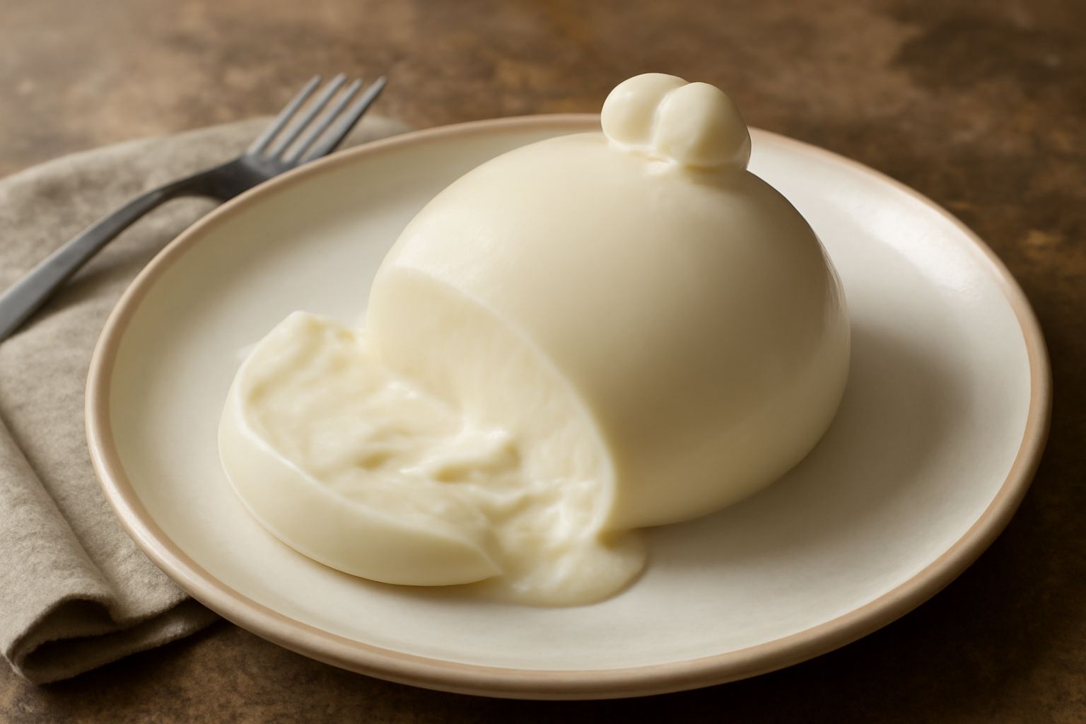 Caciocavallo fresco bianco latte, ovale e lucido, tagliato a fette su un piatto bianco con olio d'oliva e origano secco, su sfondo di legno naturale