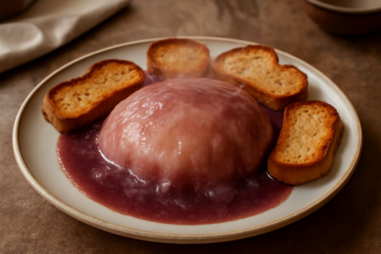 Caciocavallo filante e parzialmente sciolto in una ciotola di ceramica, bagnato da vino rosso, con vapore che sale, servito con fette di pane tostato attorno