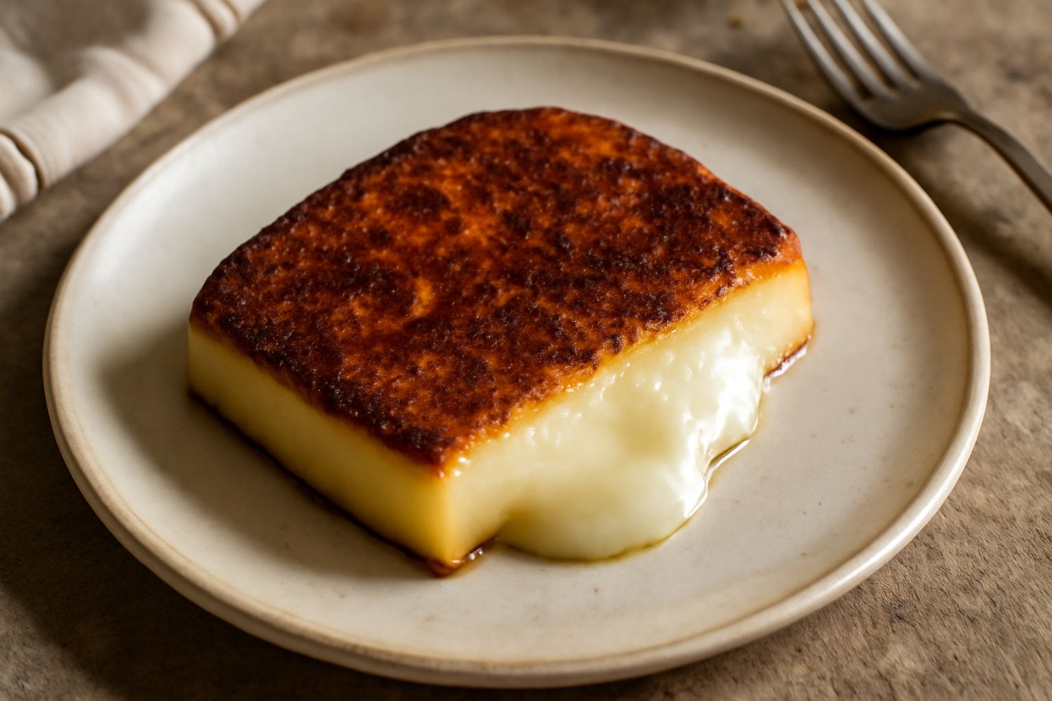 Fetta di caciocavallo imbrustolato in padella, con crosta dorata e croccante, formaggio filante visibile al taglio, su sfondo scuro di cucina domestica
