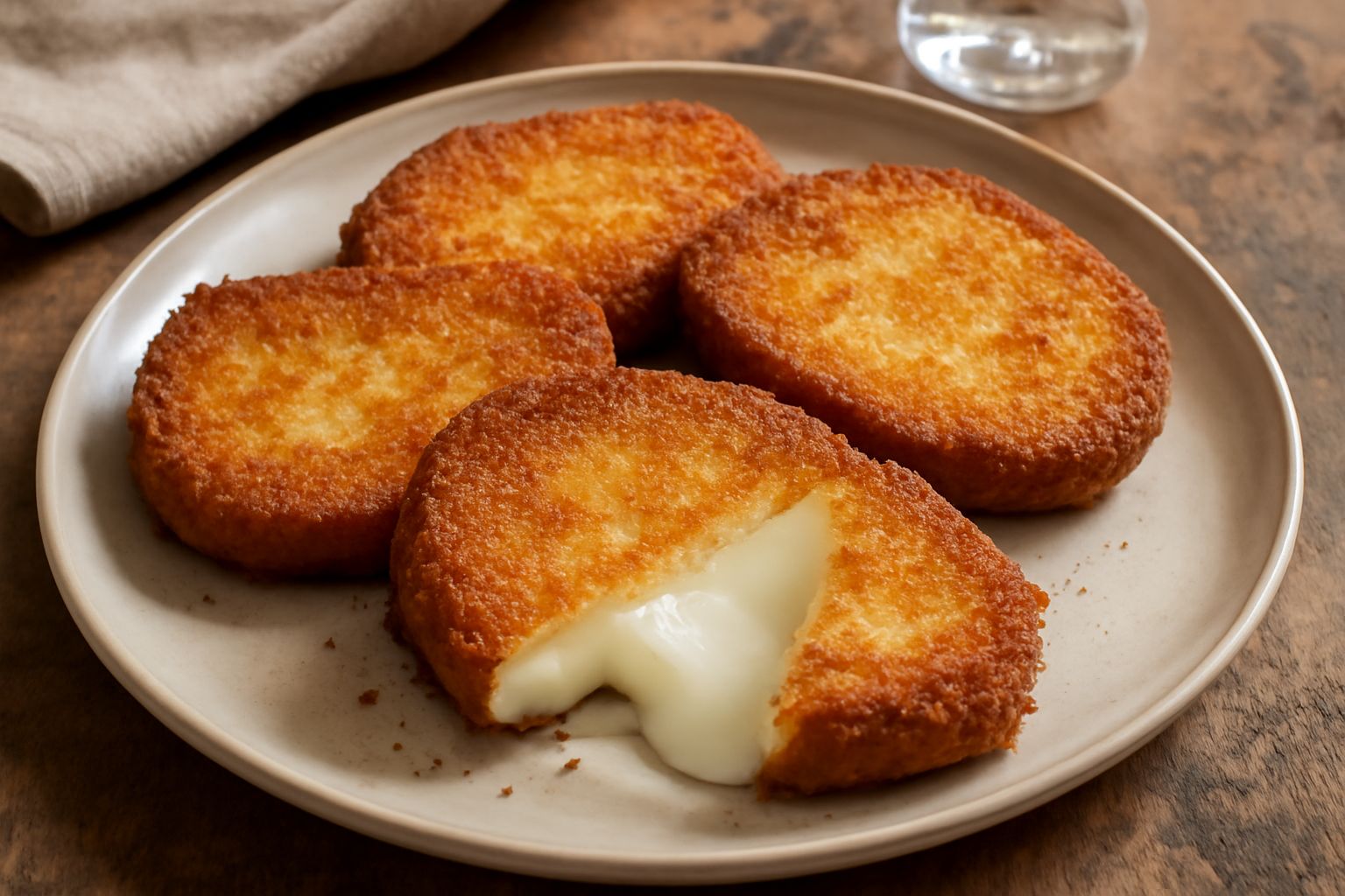 Fette di caciocavallo dorate e croccanti in una padella bianca, con il formaggio che fuoriesce filante dai lati, contornate da prezzemolo fresco tritato
