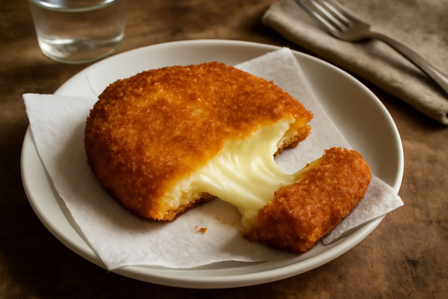 Fette di caciocavallo immantecato fritte, croccanti e dorate, appoggiate su carta da cucina bianca, con il formaggio ancora filante che esce dalle crepe della panatura croccante