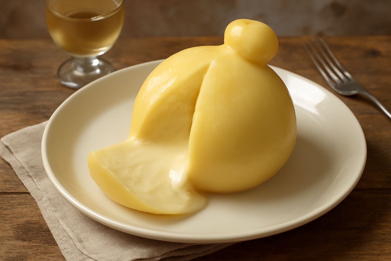 Due forme di caciocavallo immanteicato di colore giallo paglierino, dalla forma tondeggiante leggermente allungata, con superficie liscia e lucida, appoggiati su tavolo di legno con foglie di basilico