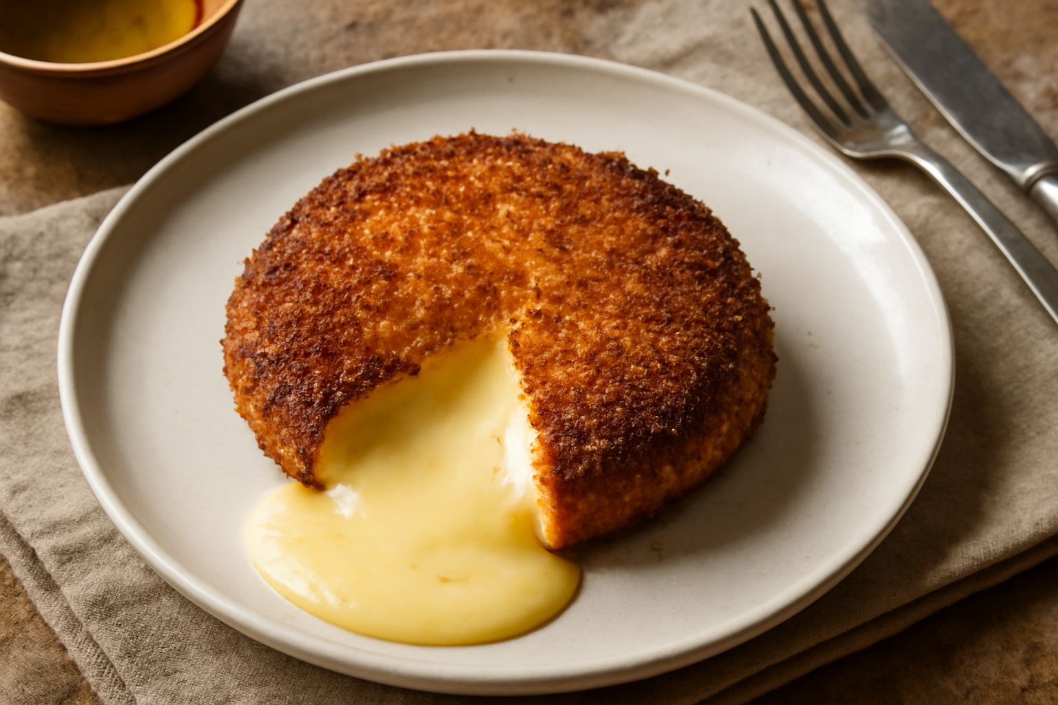 Caciocavallo immanterato dorato e croccante in un piatto bianco, tagliato a metà con formaggio filante e fumante che esce dal pangrattato color nocciola, servito con limone fresco
