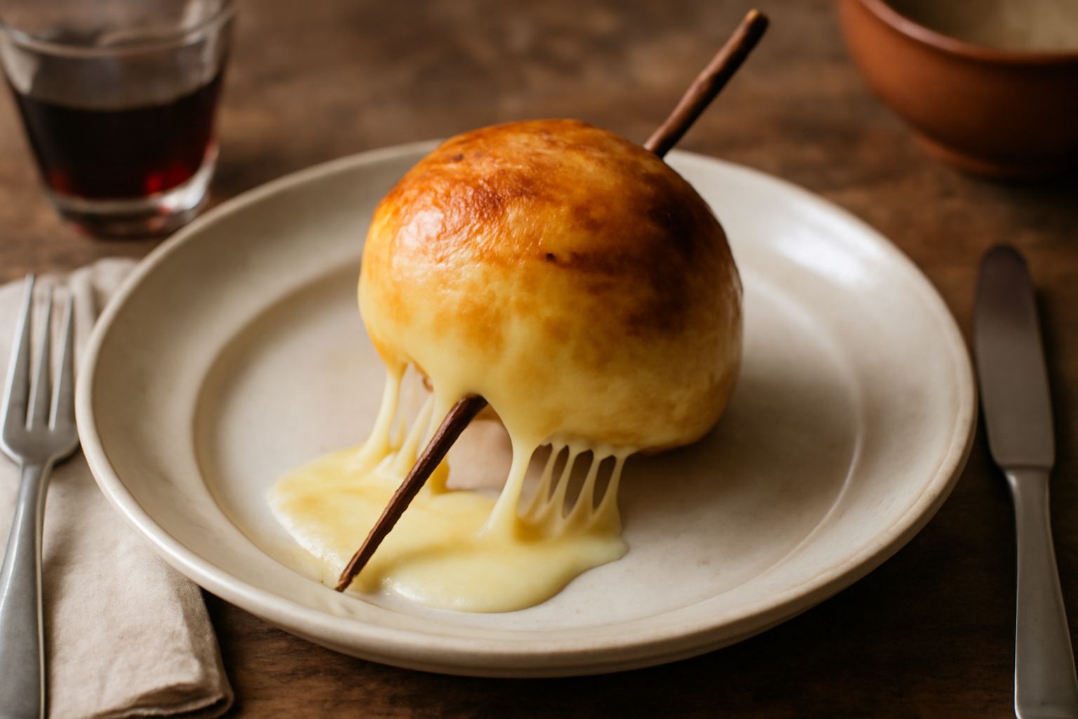 Caciocavallo impalato dorato e filante servito su un piatto bianco con pane tostato ai lati e un cucchiaio che ne estrae i fili di formaggio fuso