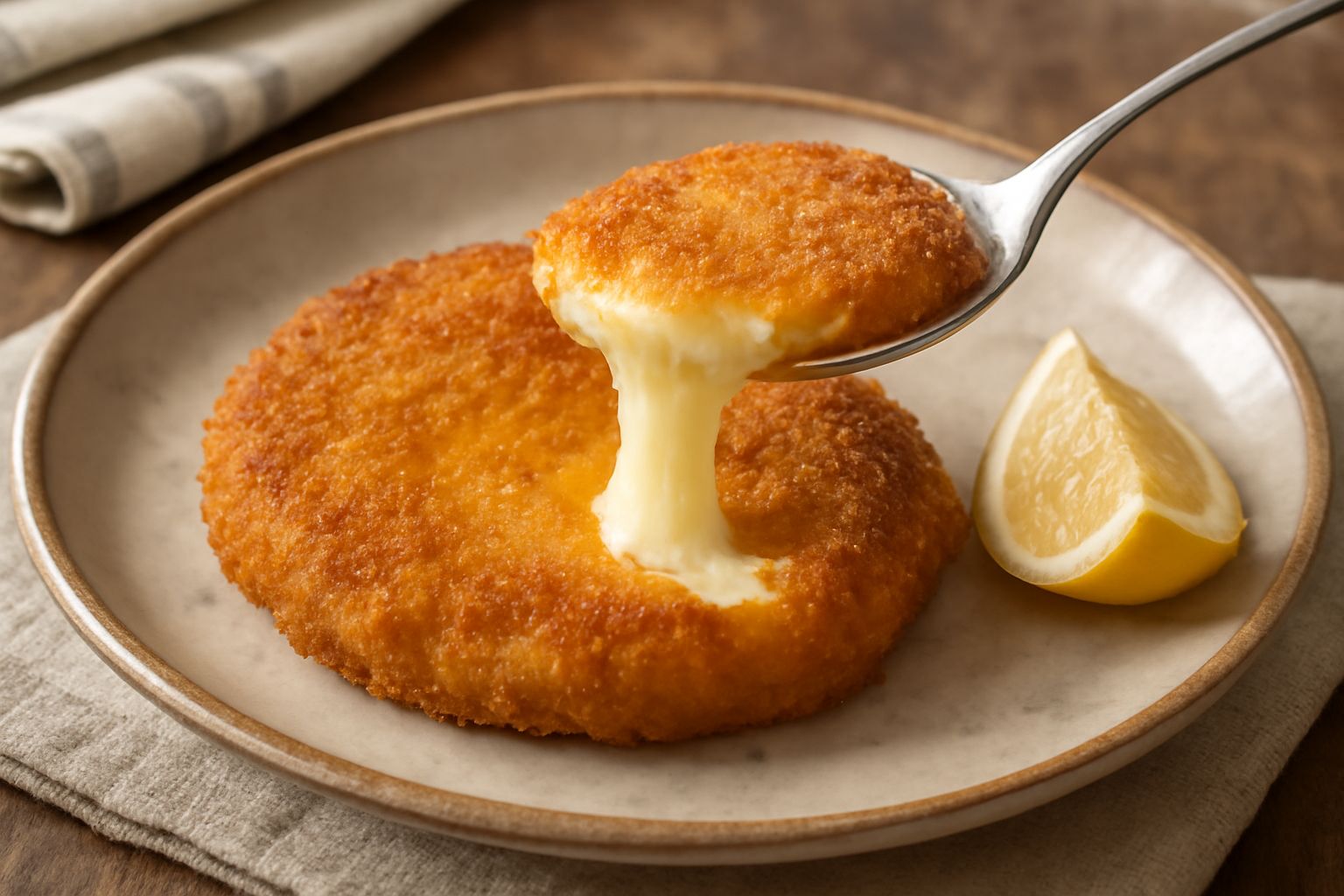 Tre bastoncini di caciocavallo impanato fritti, con panatura dorata e croccante, dritti nel piatto bianco, vapore appena visibile, contorno di limone fresco affettato