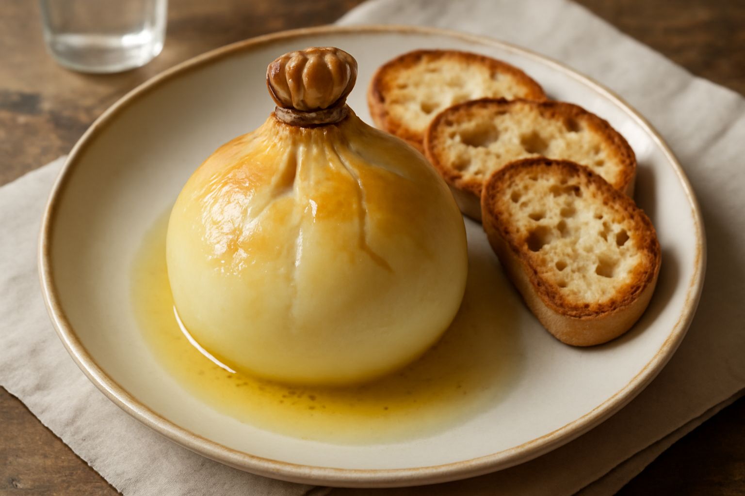 Caciocavallo impiccato intero con crosta dorata su un piatto bianco, formaggio filante che fuoriese dai bordi, contorno di pane tostato