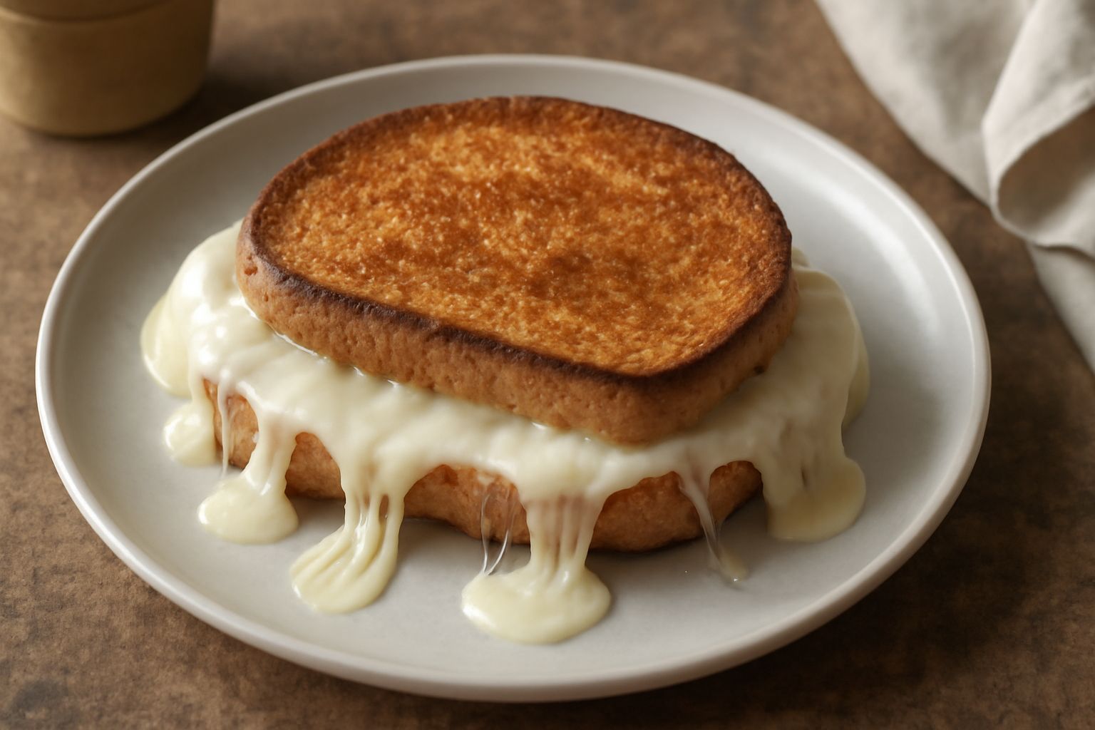 Una fetta di pane toastato color oro con dentro caciocavallo filante che fuoriesce dai bordi, appoggiato su un piatto bianco con gocce di formaggio fuso sui lati