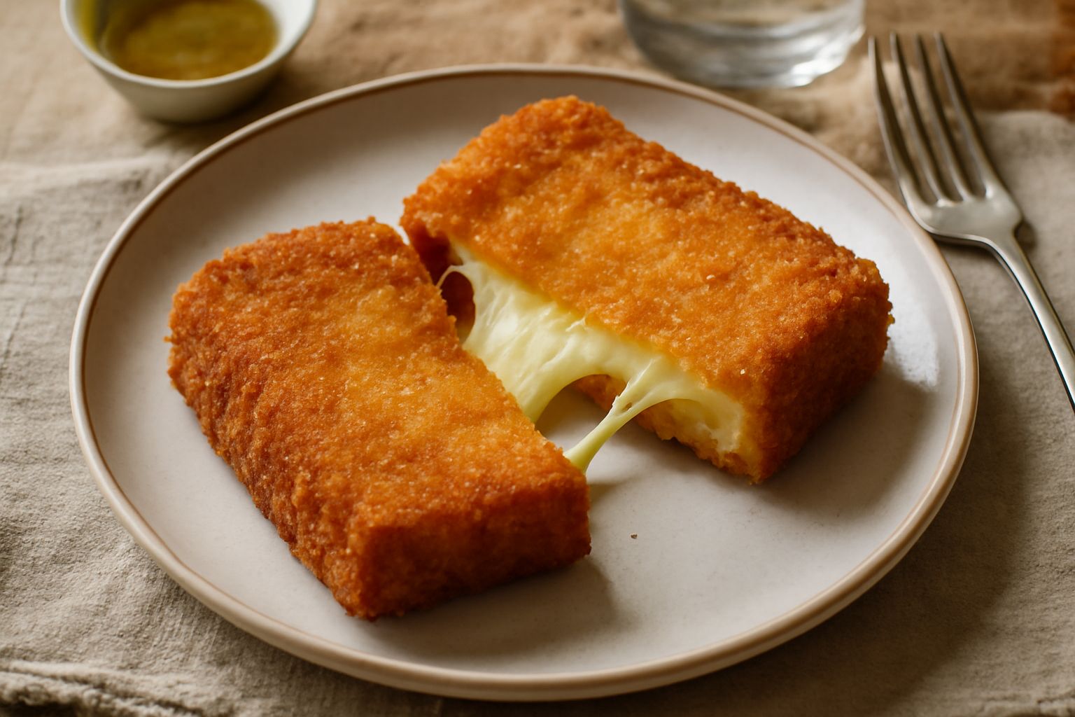 Caciocavallo in carrozza dorato appena fritto, tagliato a metà per mostrare il formaggio filante al centro ancora caldo, servito su piatto bianco con una fetta di limone giallo accanto