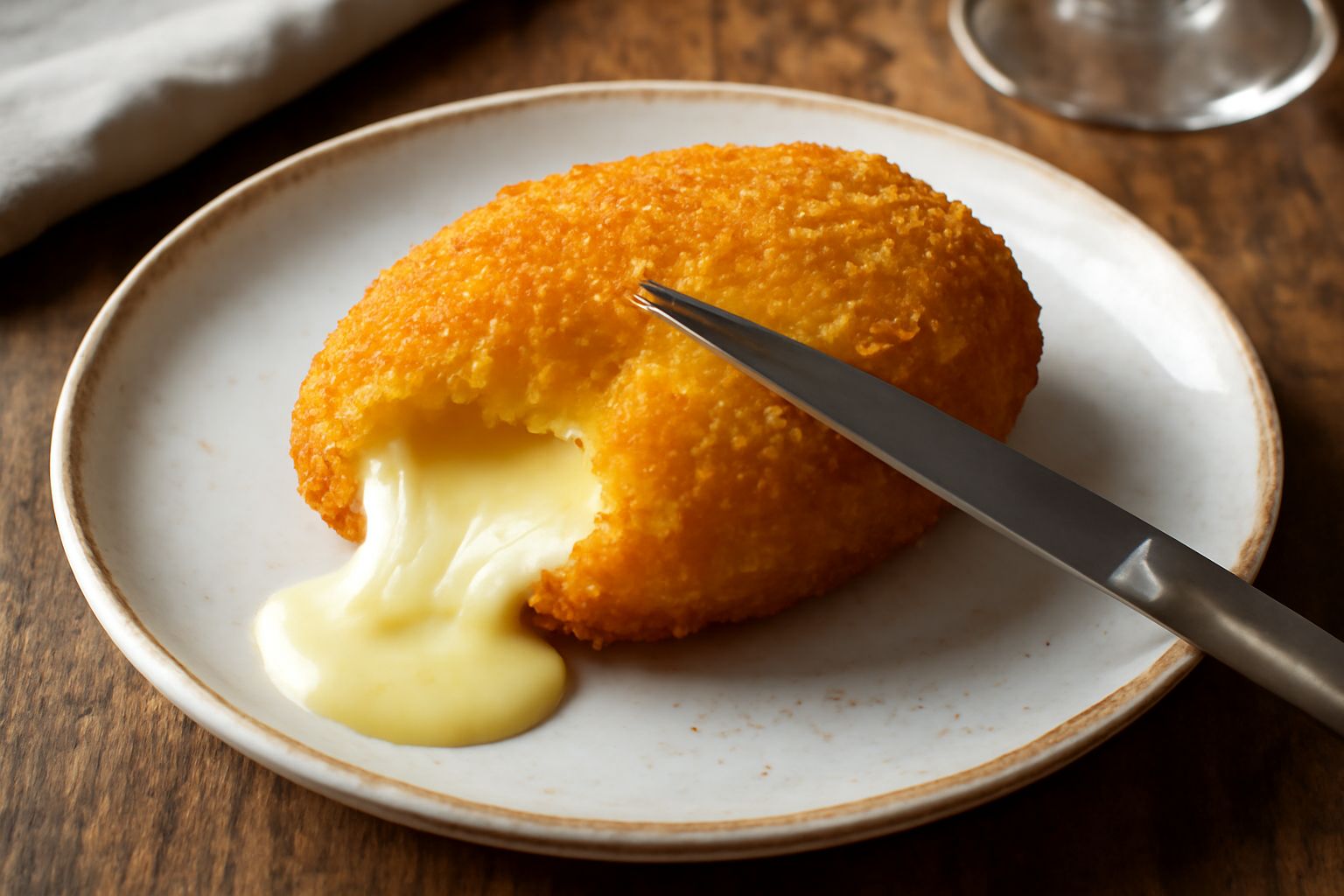 Caciocavallo fritto in crosta dorata su un piatto bianco, tagliato a metà per mostrare il formaggio filante e cremoso all'interno, con panatura color nocciola uniforme