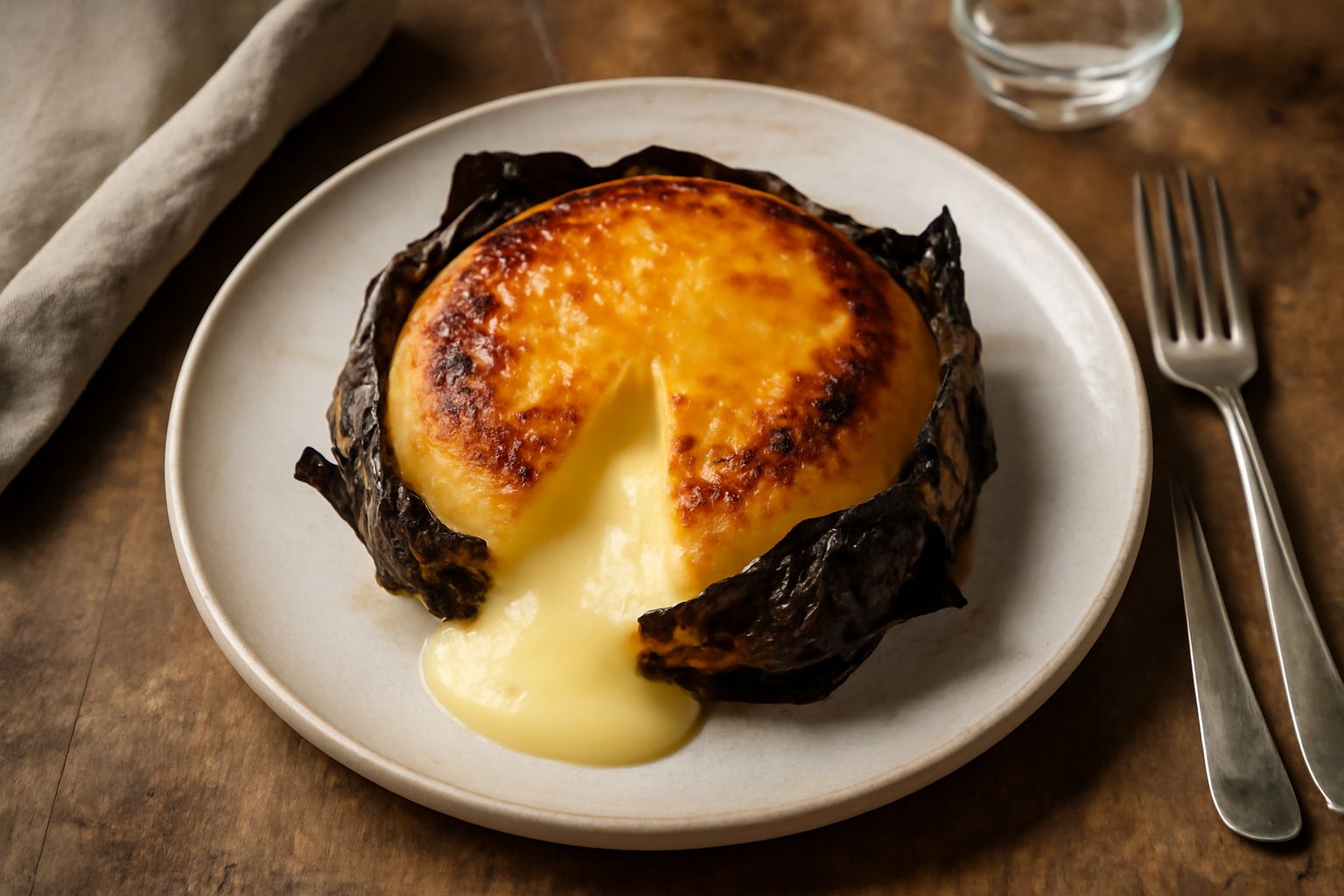 Un caciocavallo dorato e filante appena sfogliato dalla carta di alluminio, su un piatto bianco, con formaggio che si allunga in file calde e cremose, contorno di pane tostato