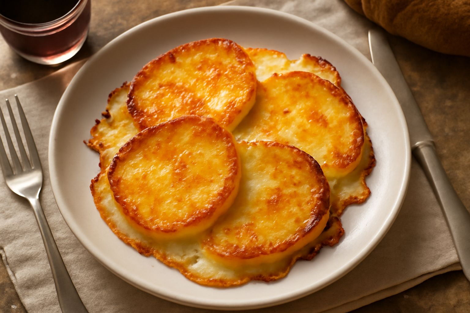 Fette di caciocavallo dorate e filanti in una padella antiaderente, con una crosta caramellata, circondate da goccioline di burro fuso e fiammate di formaggi che fuoriescono dai bordi