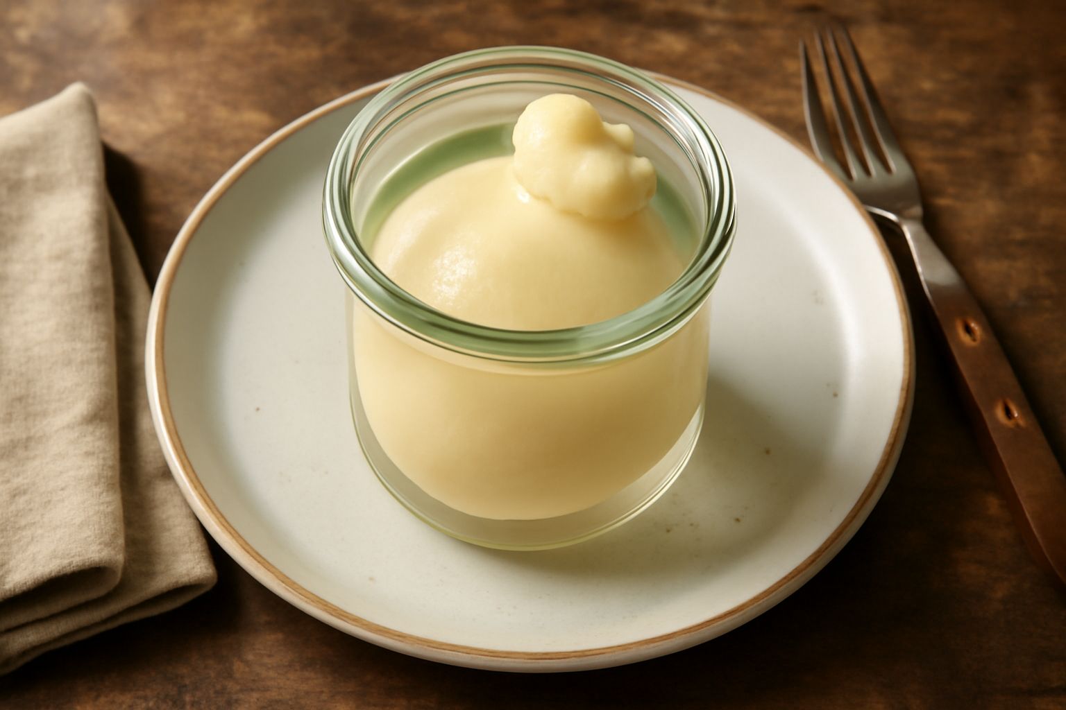Caciocavallo in salamoia dal colore bianco crema, a forma ovale leggermente allungata, immerso in acqua salata trasparente in un vaso di vetro, con riflessi lucidi sulla superficie liscia del formaggi