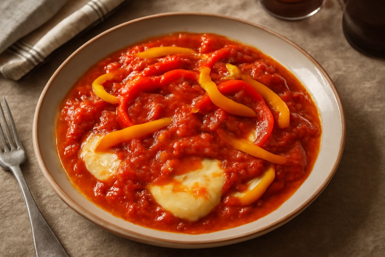 Caciocavallo filato in salsa di pomodoro rosso con peperoni gialli e verdi in un piatto di ceramica bianca, guarnito con basilico fresco verde e pane tostato ai lati