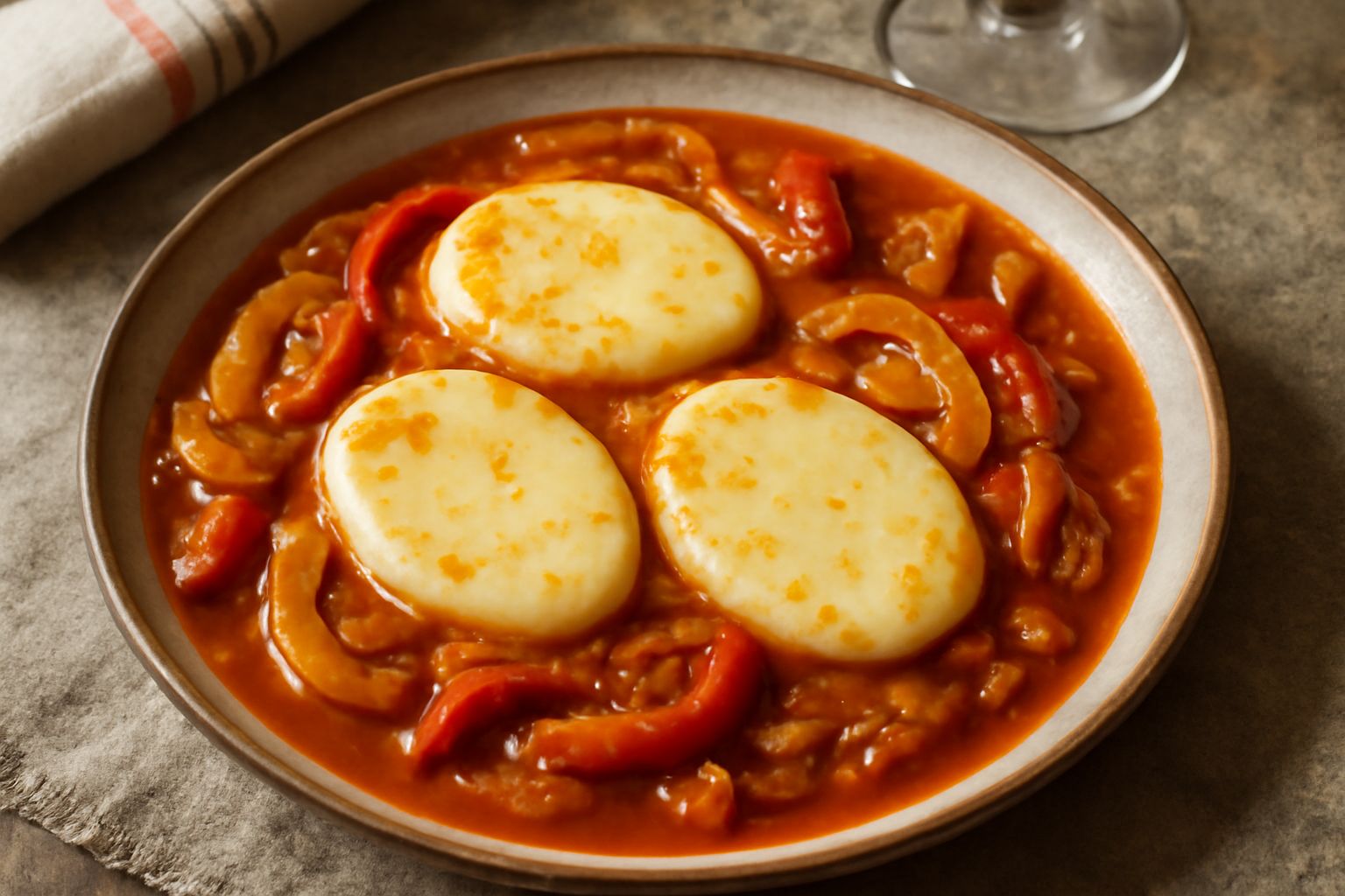 Caciocavallo in umido servito in piatto bianco: fette di formaggio filato integre nuotano in brodo rosso di pomodoro, arricchito di peperoni dolci e cipolle appassite, decorato con basilico fresco