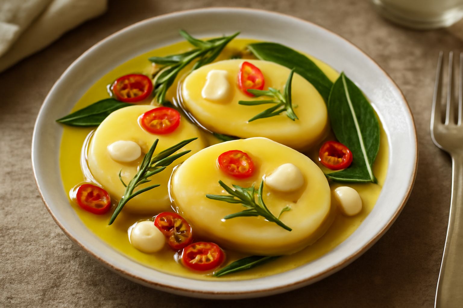 Due pezzi di caciocavallo di forma ovale, di colore giallo paglierino, immersi in olio d'oliva trasparente con fettine di peperoncino rosso, spicchi d'aglio bianco e rametti di rosmarino verde all'int