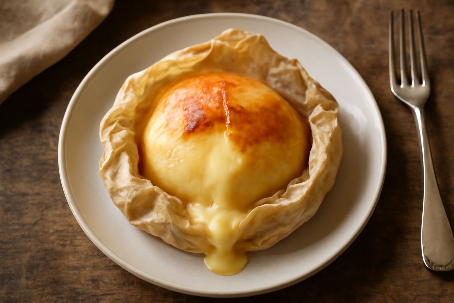 Caciocavallo appena sfornato nella carta da forno, formaggio dorato e parzialmente sciolto, caldo e filante, con origano secco e pepe nero visibile sulla superficie
