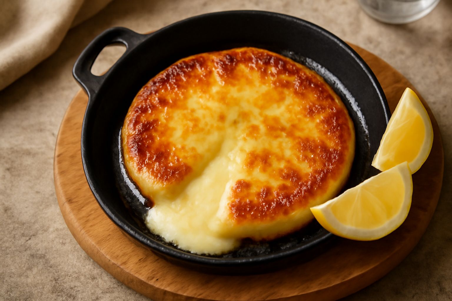 Caciocavallo affettato in padella antiaderente con crosta dorata e fondente, servito in un piatto bianco con limone fresco a spicchi e prezzemolo