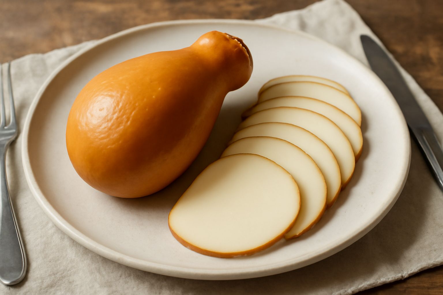 Fette sottili di caciocavallo podolico affumicato di colore bianco crema con sfumature dorate, disposte a ventaglio in un piatto bianco, con accanto olive nere e fette di pane integrale tostato