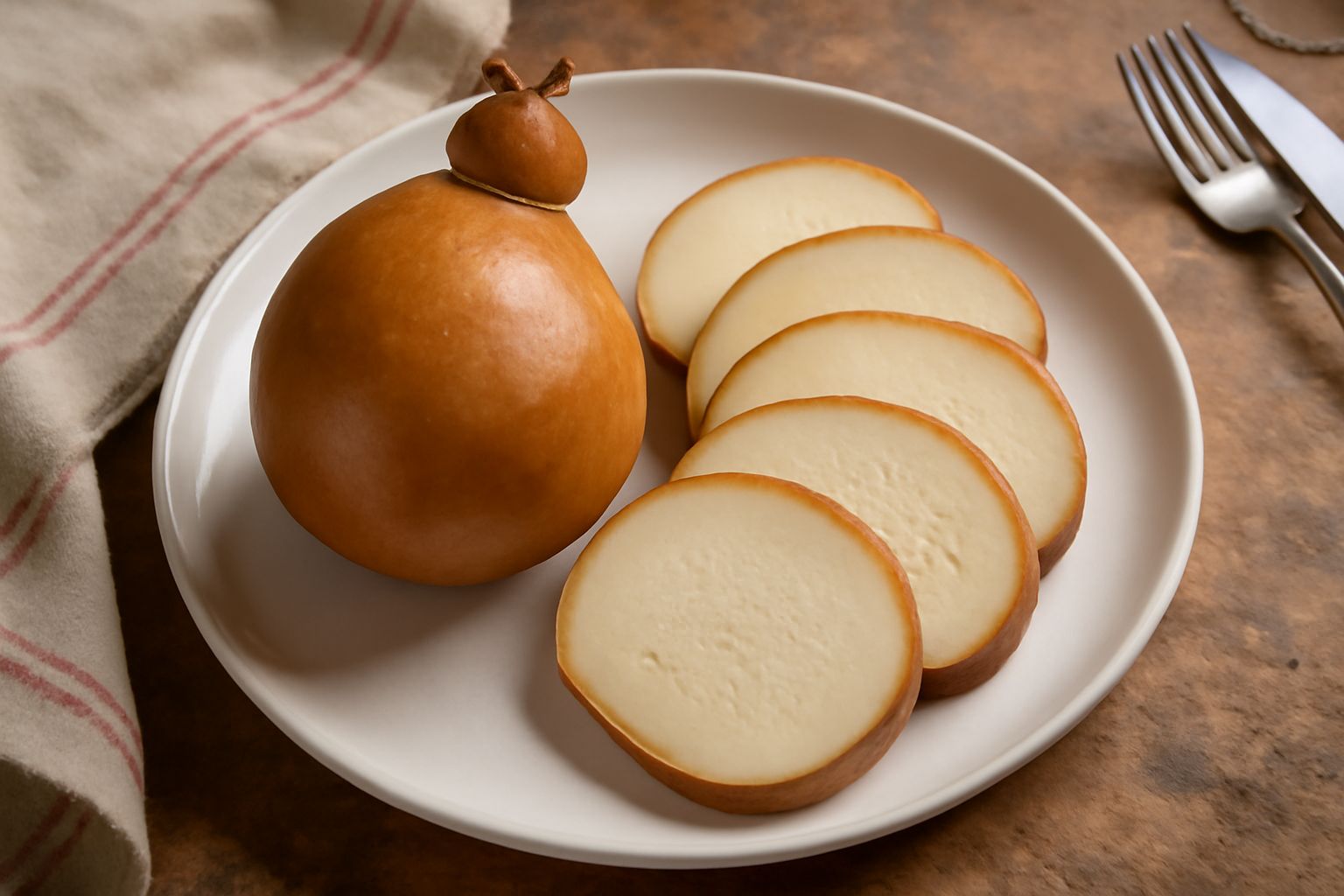 Caciocavallo podolico affumicato intero a forma di pera, di colore marrone dorato, posato su un piatto in ceramica bianca con due spicchi accanto e un coltello da formaggio