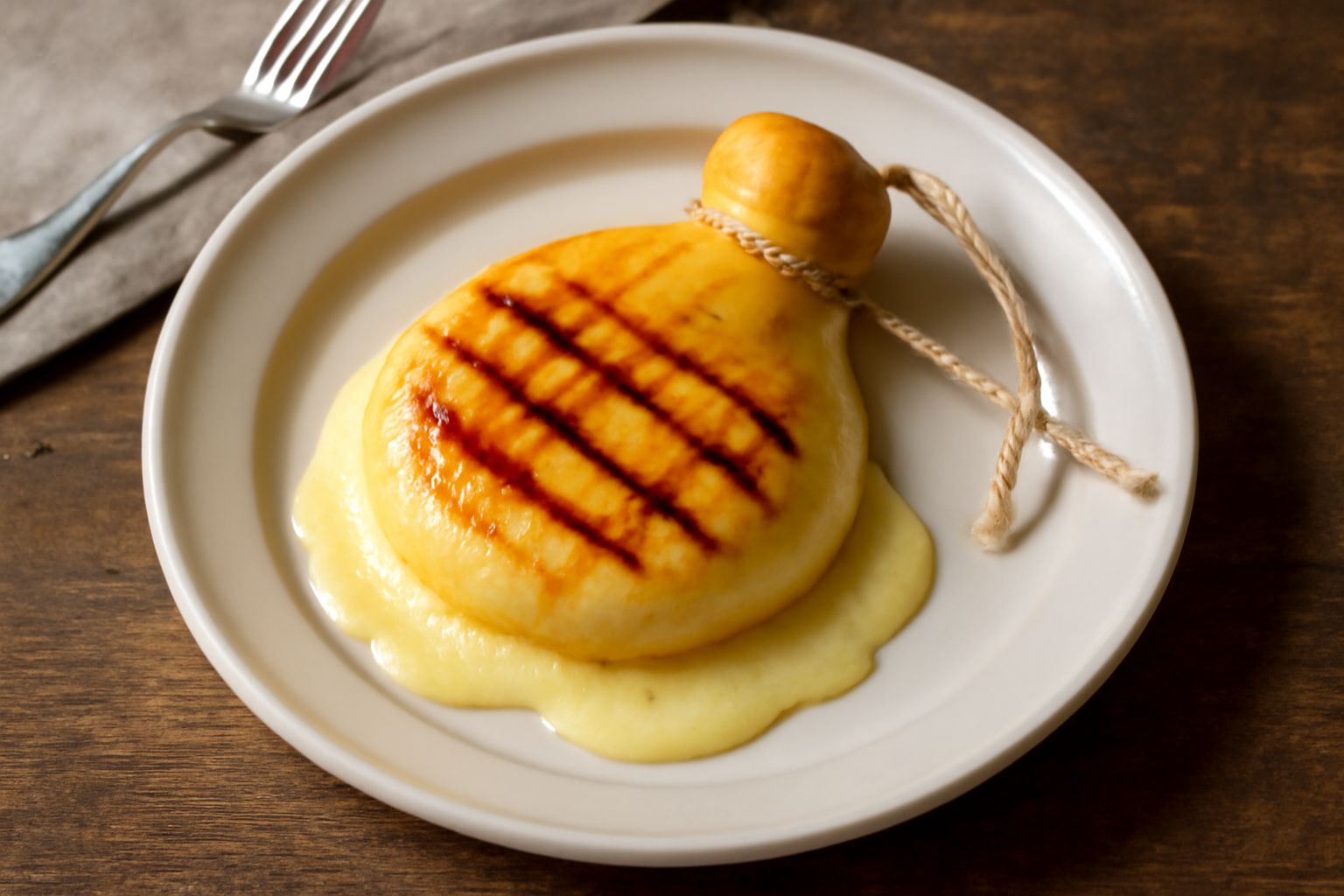 Caciocavallo silano intero di forma tonda e pera su tavolo di legno, colore giallo dorato, con segnature da legatura ben visibili e superficie liscia e lucida