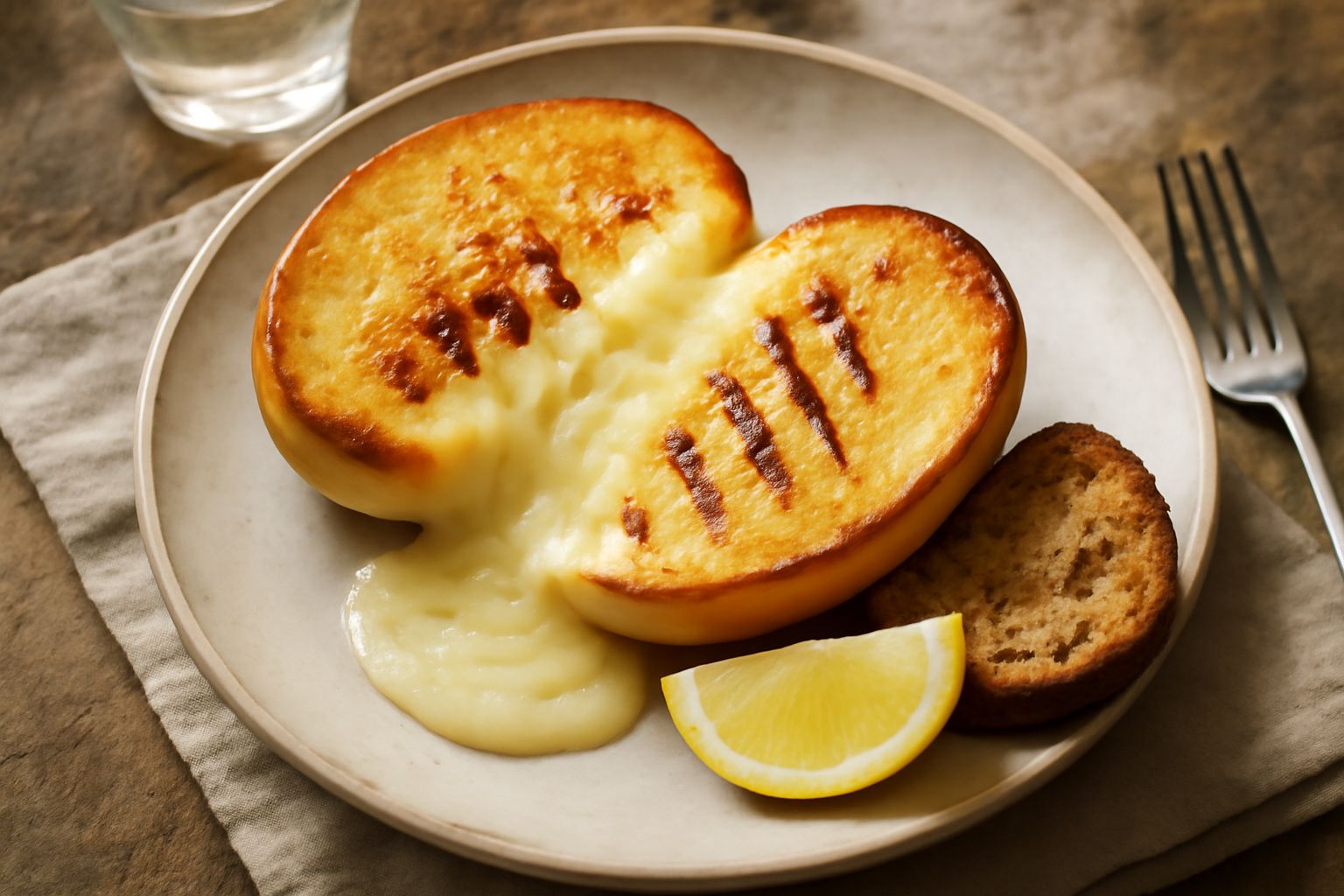 Caciocavallo affettato in due pezzi sulla griglia, con crosta marrone dorata e filamenti di formaggio fuso che scendono dai lati, contorno di limone fresco