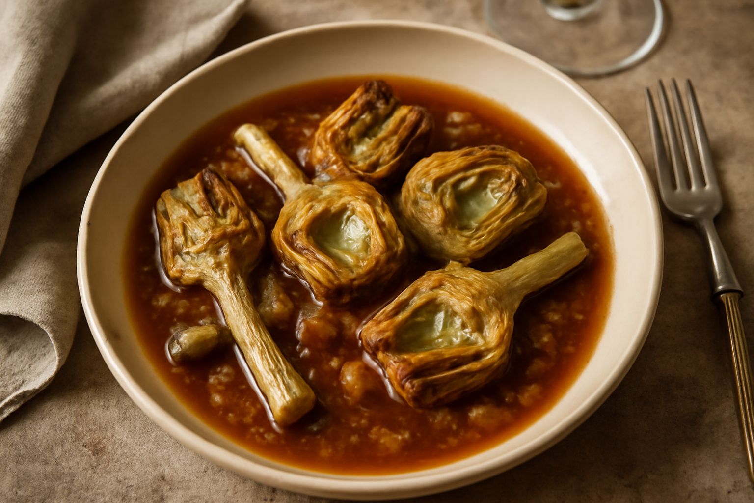 Cacioffi interi e spezzettati in umido in una pentola di terracotta bianca, con salsa scura, cipolle dorate e prezzemolo fresco verde, su fondo di legno rustico