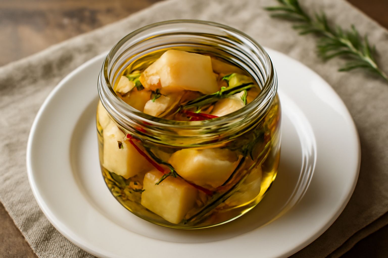 Vasetto di vetro con caciotta affumicata color beige-dorato immersa in olio dorato, con spicchi di aglio, peperoncino rosso e rami di rosmarino verde galleggianti attorno al formaggio, su un tavolo di