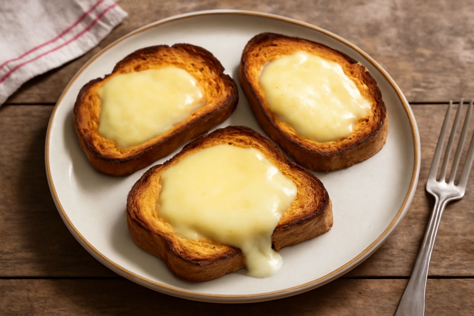 Due fette di pane tostato dorato con caciotta sciolta color paglierino, guarnite con pomodoro fresco a fettine sottili e basilico verde su piatto bianco