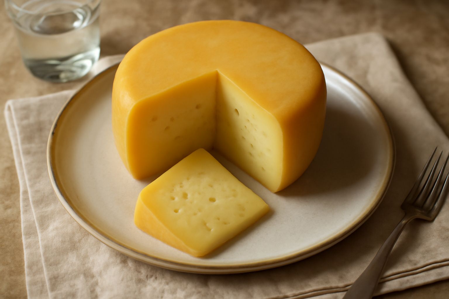 Caciotta di Urbino affettata, cunei di colore giallo paglierino con pasta compatta e regolare, presentati su una tavola di legno con miele, noci e pane toscano