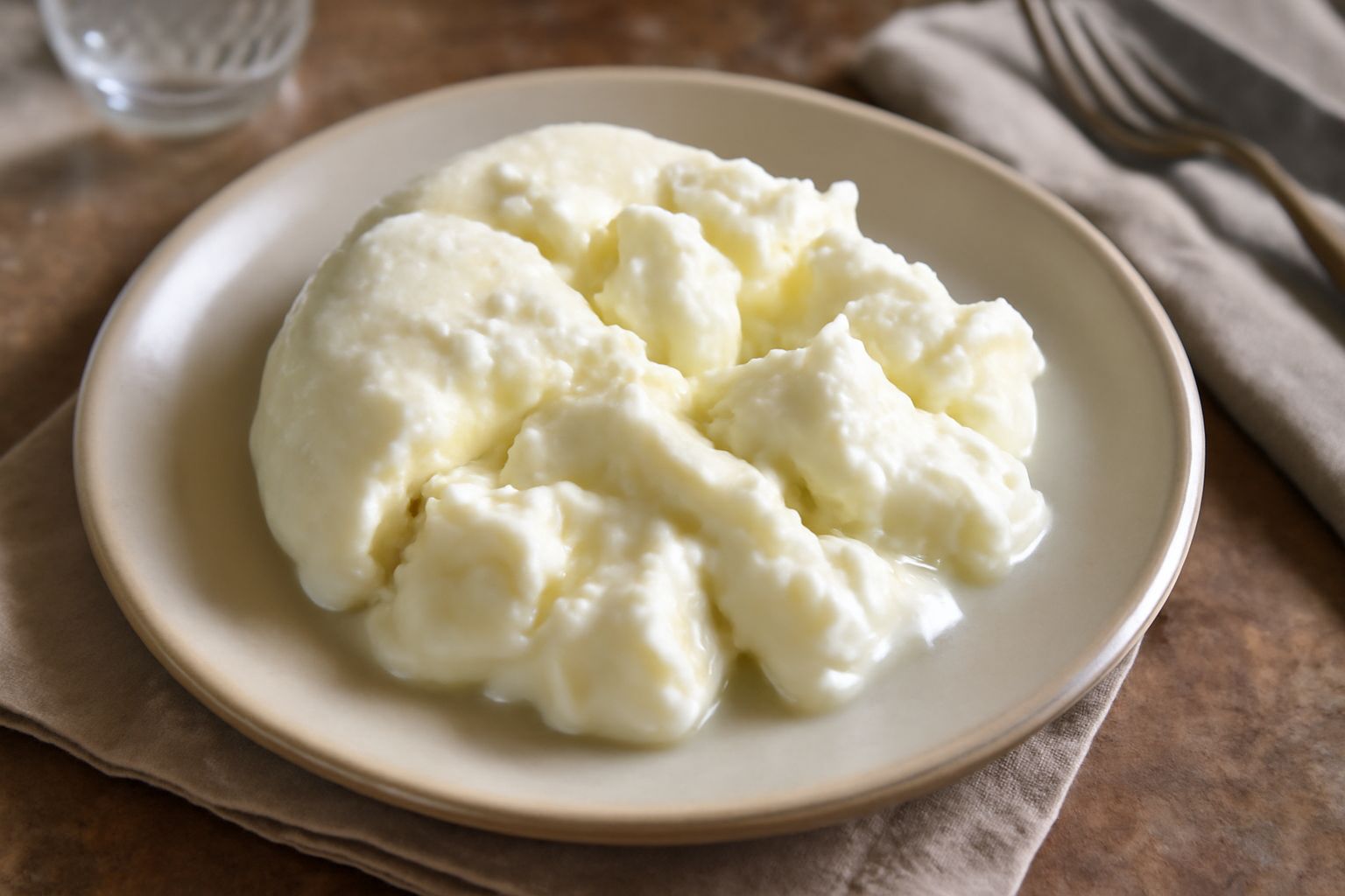 Caciotta dolce appena sgottata in una ciotola bianca, color bianco panna, con superficie liscia e brillante, pezzi morbidi, accompagnata da miele in un cucchiaio legno e granuli di zucchero grezzo sul